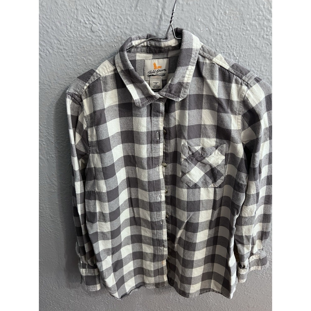 Field & Stream‎ Women's Flannel Shirt Large Button Up Pocket Gray White Plaid